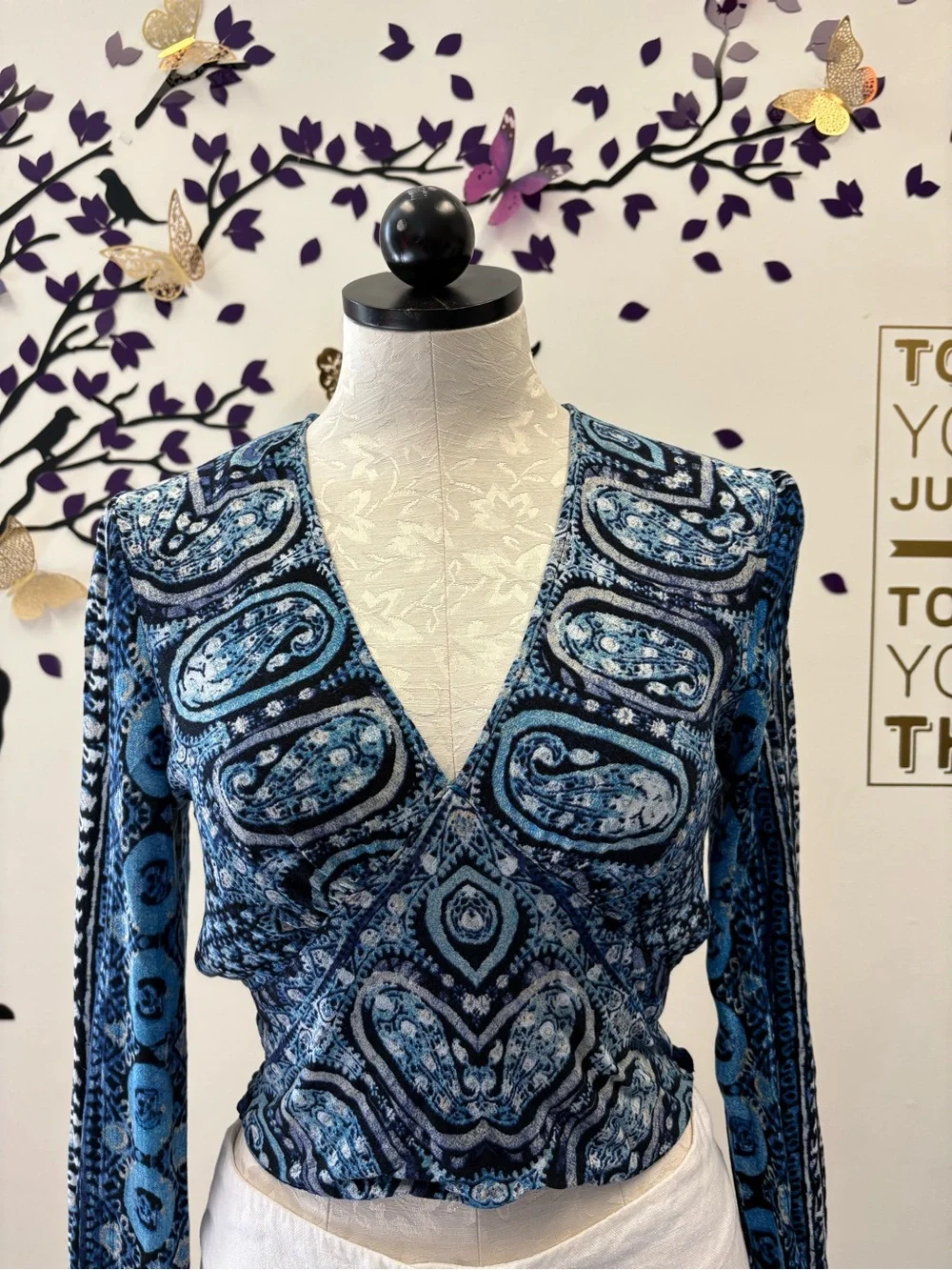 Free People Blue Paisley V-Neck Long Sleeve Top XS